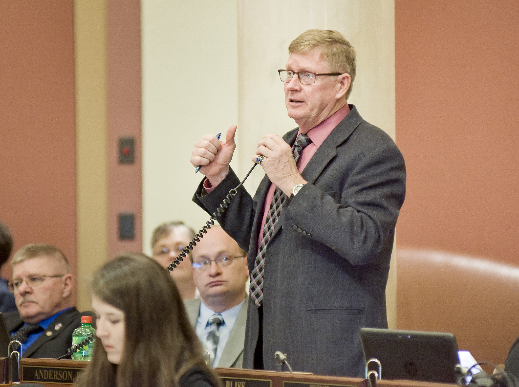 Rep. Paul Anderson presents the omnibus agriculture policy bill on the House floor April 5. Photo by Andrew VonBank